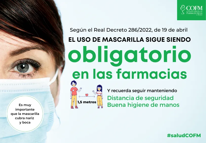 Cartel de aviso “Uso obligatorio de mascarilla en las farmacias”, RD 286/2022